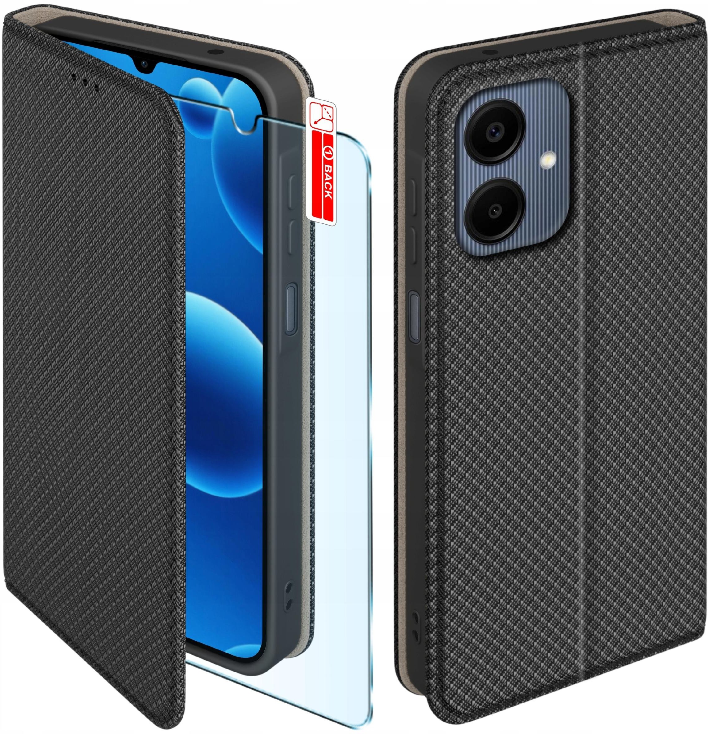 Etui z klapką do Samsung A06 Zamykane Czarne Futerał + Szkło 9H