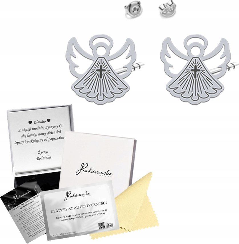 Radziszewska Jewellery Kolczyki Srebrne z Aniołkiem 925 Prezent I Komunia Święta ŻYCZENIA GRATIS
