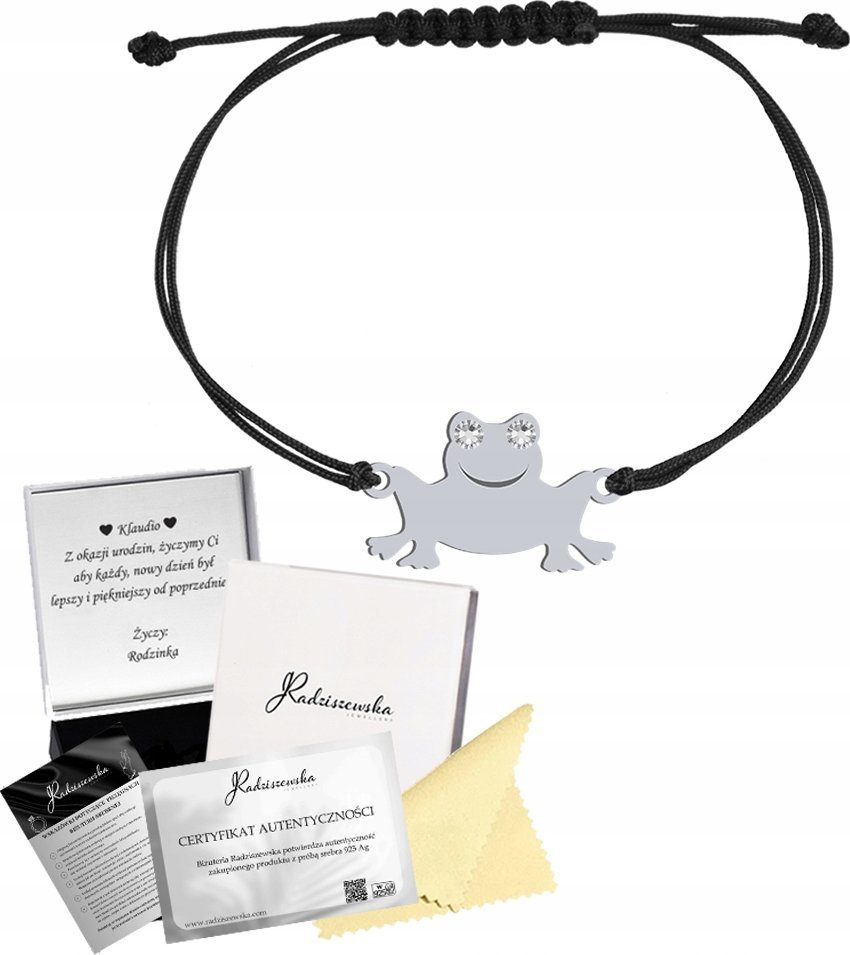 Radziszewska Jewellery Bransoletka Srebrna Żaba Sznurek 925 Prezent Biżuteria DEDYKACJA GRATIS