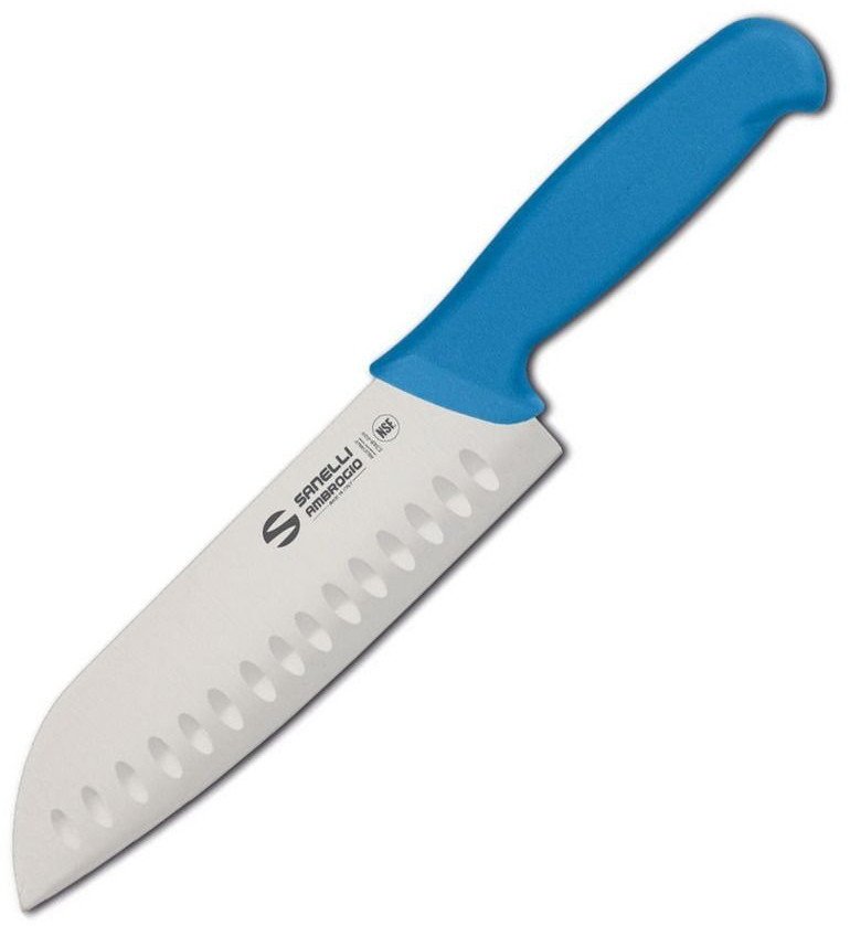 Nóż Santoku Sanelli Ambrogio Supra, ostrze granton, 18 cm, niebieski