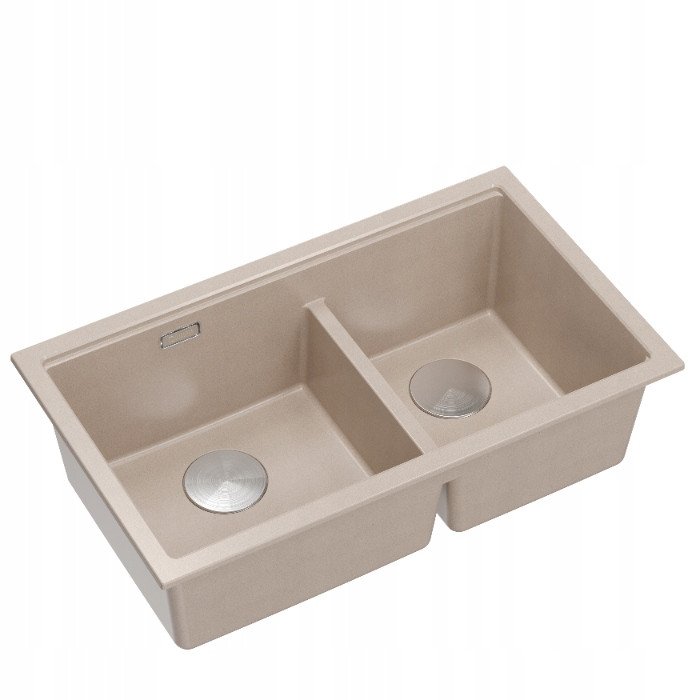 QUADRON | LOGAN 120 | granitowy zlewozmywak kuchenny PEARL BEIGE + STAL | wymiar: 76 x 45 x 23,5 cm | 2-komorowy wpuszczany | podbudowa szafki od: 80