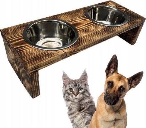 QLS STOJAK PODWÓJNY NA MISKI DLA PSA KOTA DREWNIANY M