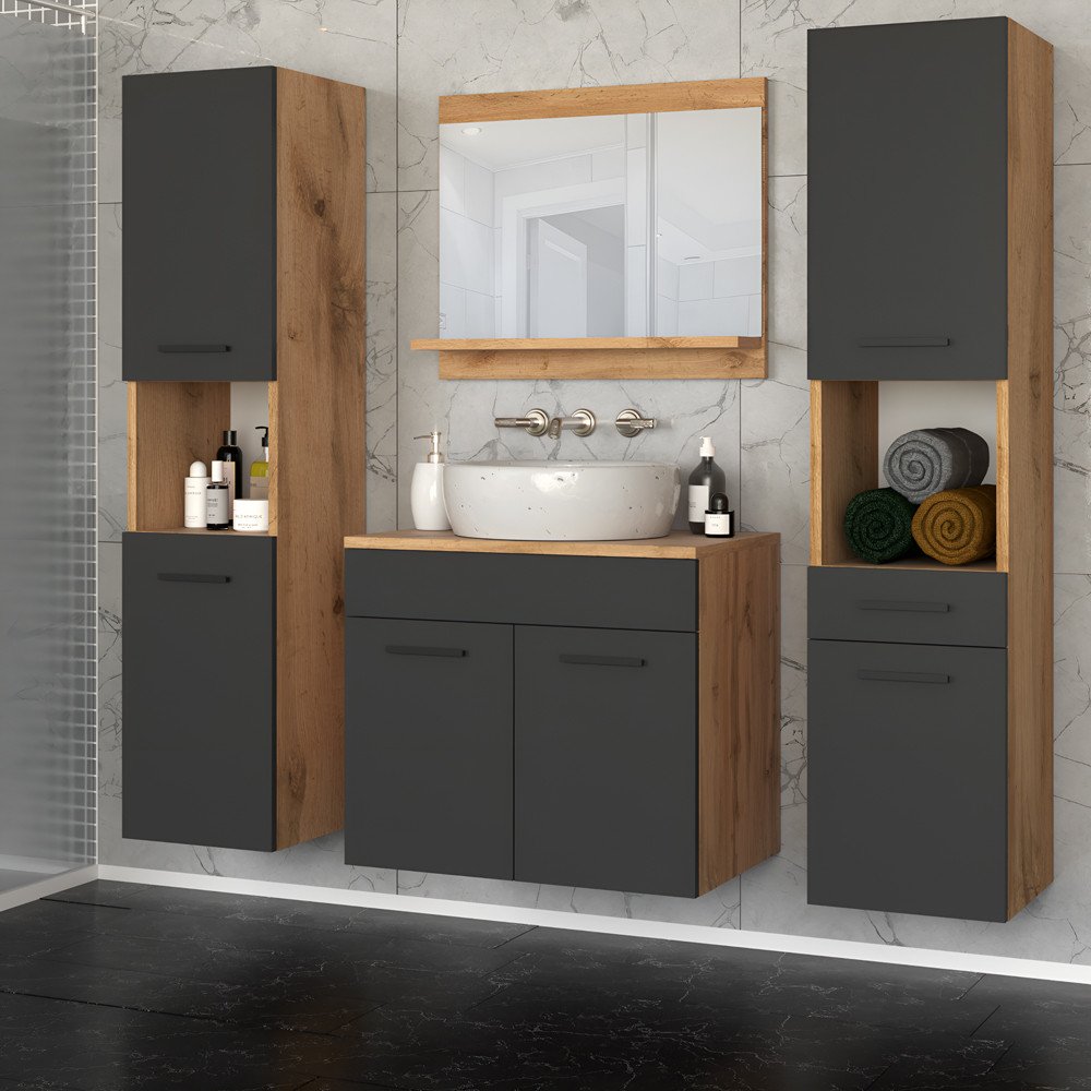 Zestaw Mebli Łazienkowych Umywalka Z Lustrem Słupek Dąb Wotan Szary Mat