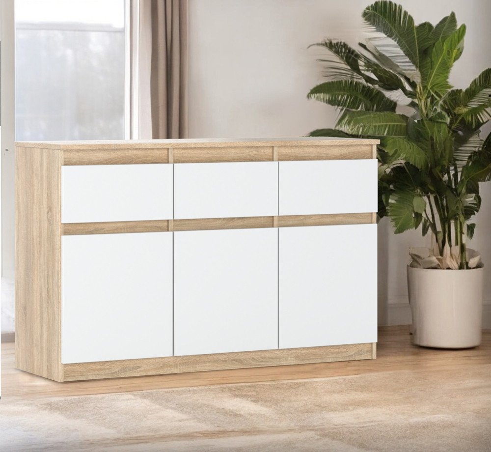 Komoda Biała Drewniana 3 Szuflady Oleksa 120cm Pojemna Szafka Dąb Sonoma