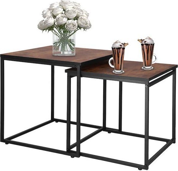 Springos Stoliki kawowe, loftowe zestaw 2 szt. stolik kwadratowe do salonu, czarno-brązowe UNIWERSALNY