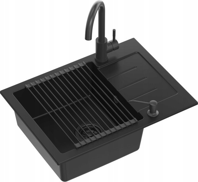 Zlewozmywak GraniteQ JOHNNY 116 zlewozmywak granitowy Pure Carbon 1-komorowy z/o (60x44x18,5) z syfonem black + bateria Kate pure carbon + dozownik +