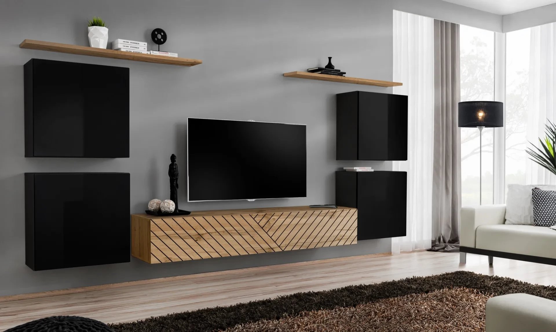 Meblościanka SWITCH LAMEL IV czarna/dąb wotan ASM Meble