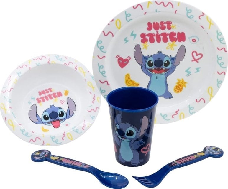 Disney Stitch - Zestaw naczyń do mikrofali 5 szt. z kolekcji Palms (talerz, miska, kubeczek, widelec, łyżeczka)