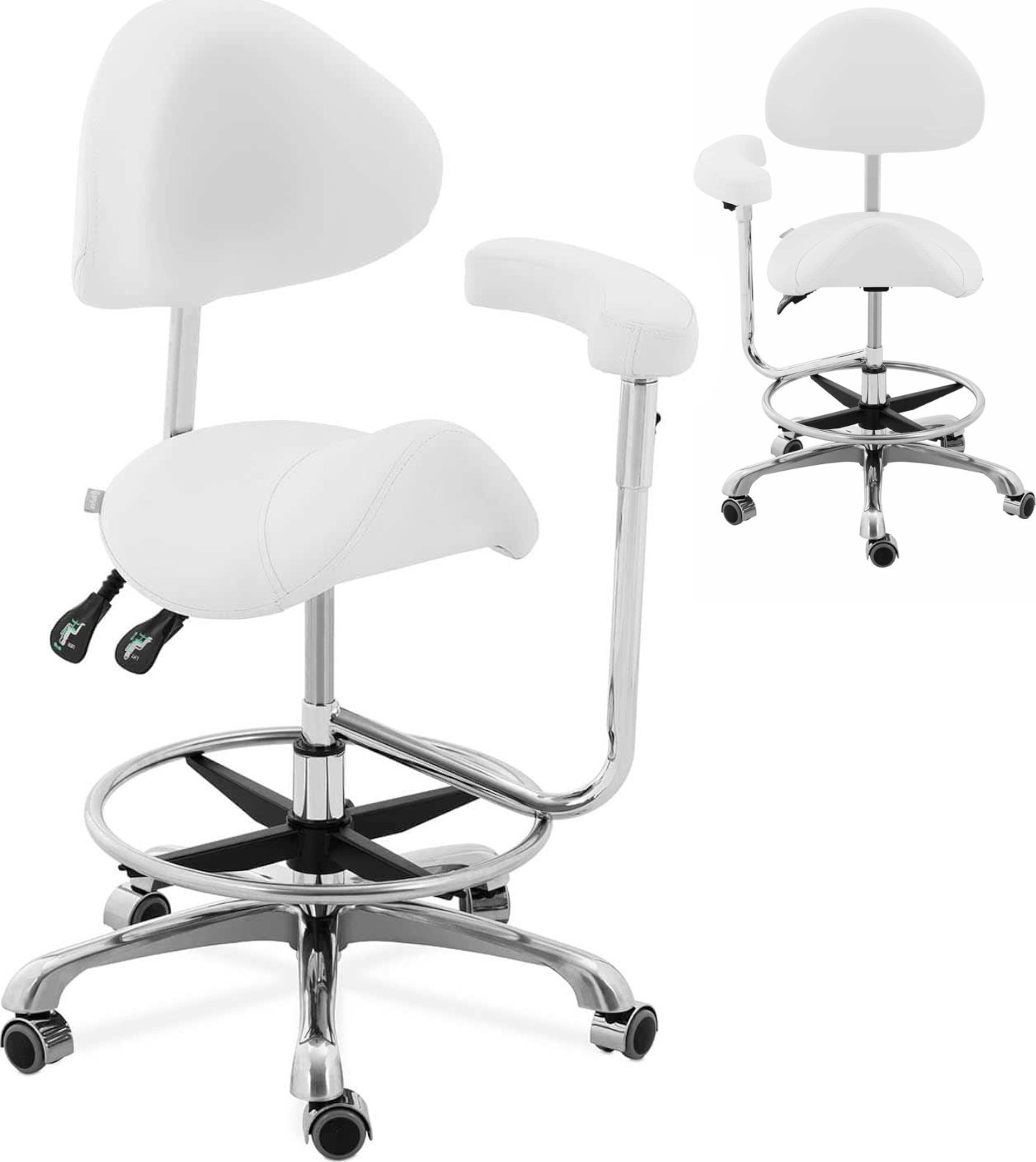 Physa Krzesło kosmetyczne siodłowe z oparciem podłokietnikiem regulowane WUPPERTAL - białe Krzesło kosmetyczne siodłowe z oparciem podłokietnikiem reg