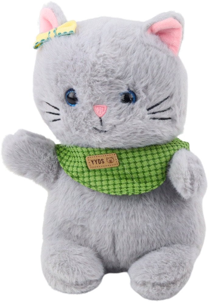 Pluszowa Maskotka Przytulanka Kot Szary Zielona Apaszka Kokardka 22cm