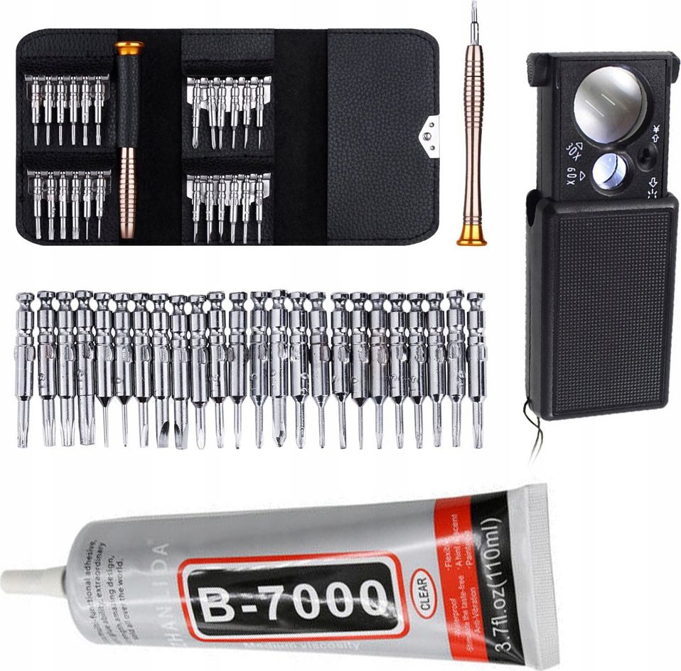 Techrebal Smart Pack #3 Zestaw precyzyjnych śrubokrętów 25w1, Klej B-7000 110ml, Lupa kieszonkowa 30x/60x