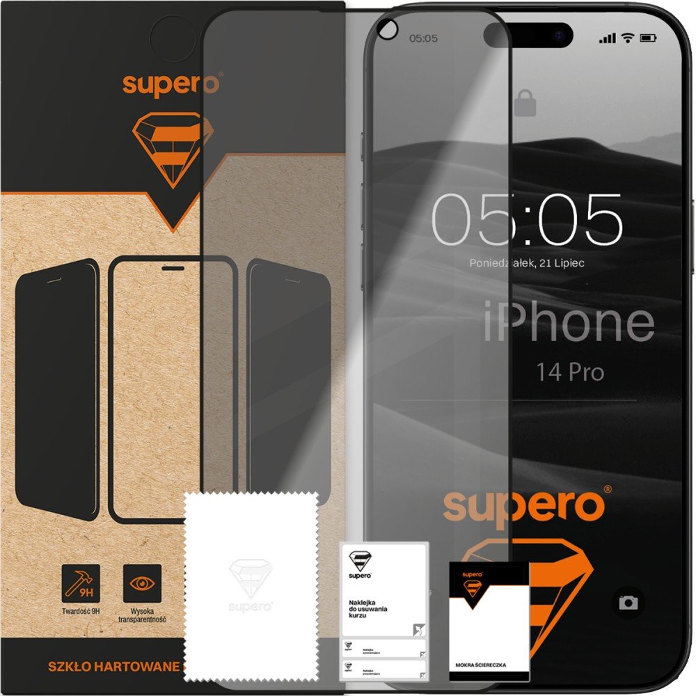 SUPERO Szkło hartowane do iPhone 14 Pro, prywatności z czarną ramką