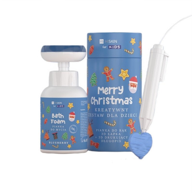 HISKIN_SET Kids Merry Christmas kreatywny zestaw dla dzieci Niebieska pianka do mycia rąk Jagodowa 300ml + długopis 3D 1szt
