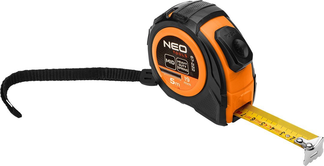 Neo Miara zwijana stalowa 5 m x 19 mm, auto blokada, dwa przyciski stop