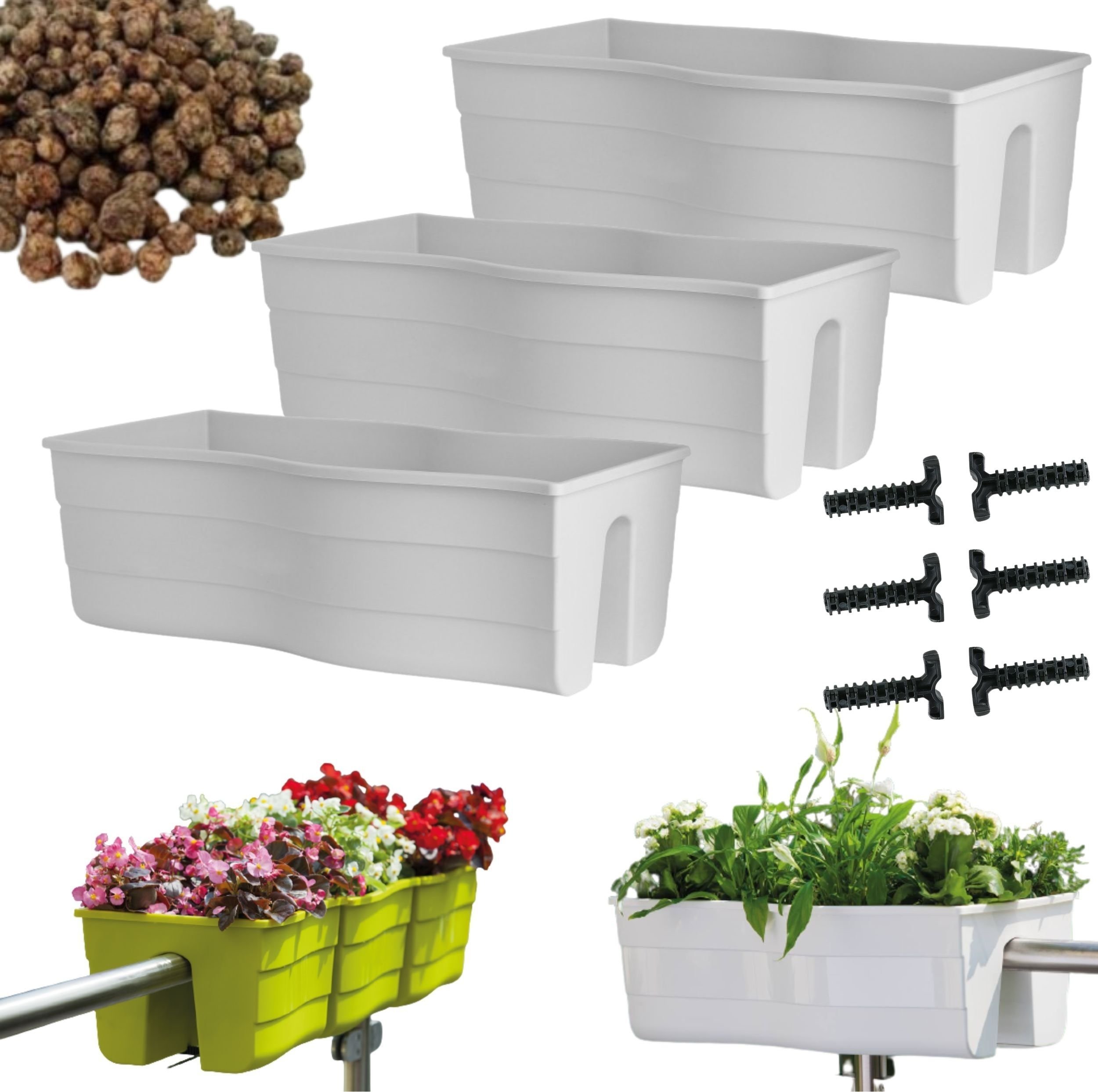 Form-Plastic 3x Skrzynka na balustradę Wave 60, Doniczka balkonowa + keramzyt 5l