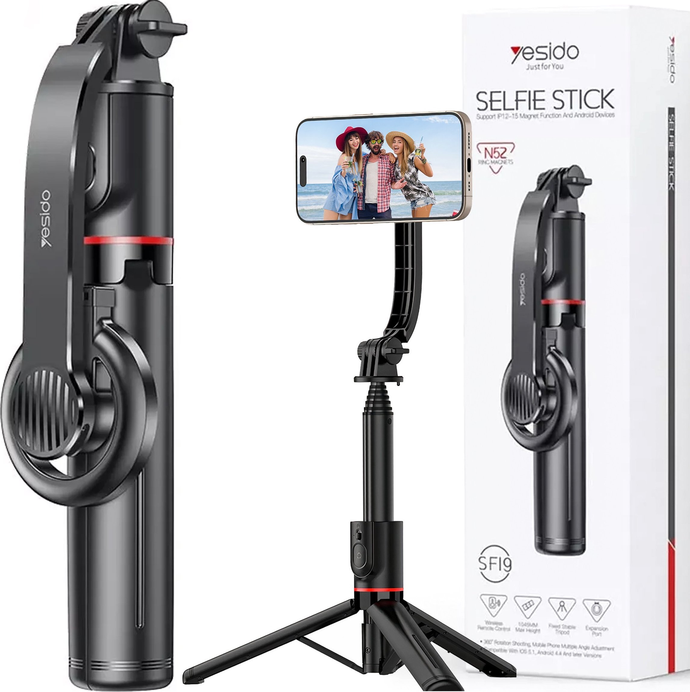 Selfie stick Yesido Selfie stick kijek Statyw Tripod uchwyt magnetyczny do telefonu zdjęć + Pilot Bluetooth Yesido SF19 Magnetic czarny