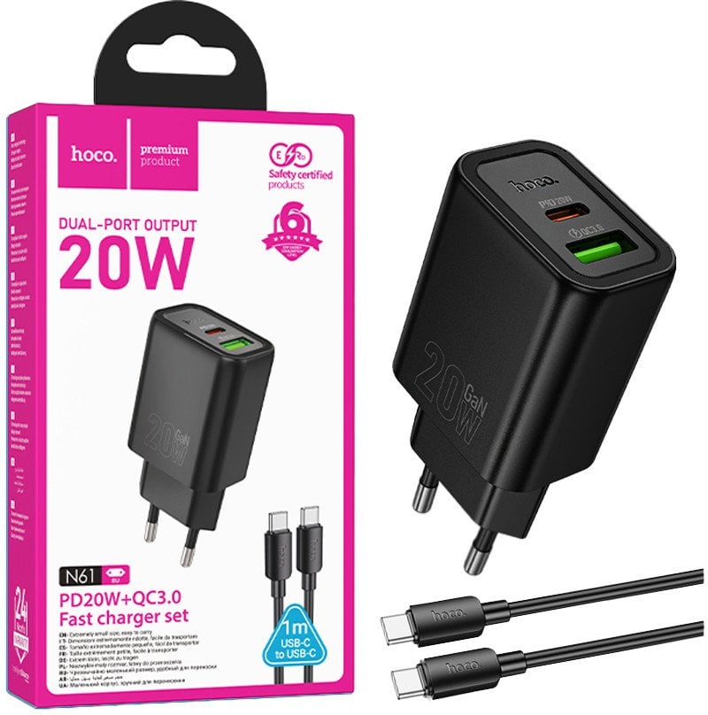 HOCO GaN charger lādētājs N61 USB A QC3.0 3A+Type C PD 20W (+type C to type C cable) black N61 black+c (6942007644273)