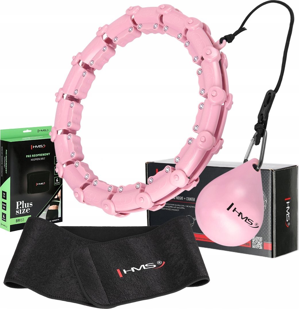 HMS ZESTAW HULA HOP HHW11 LIGHT PINK Z WYPUSTKAMI I OBCIĄŻNIKIEM + PAS BR163 BLACK PLUS SIZE HMS