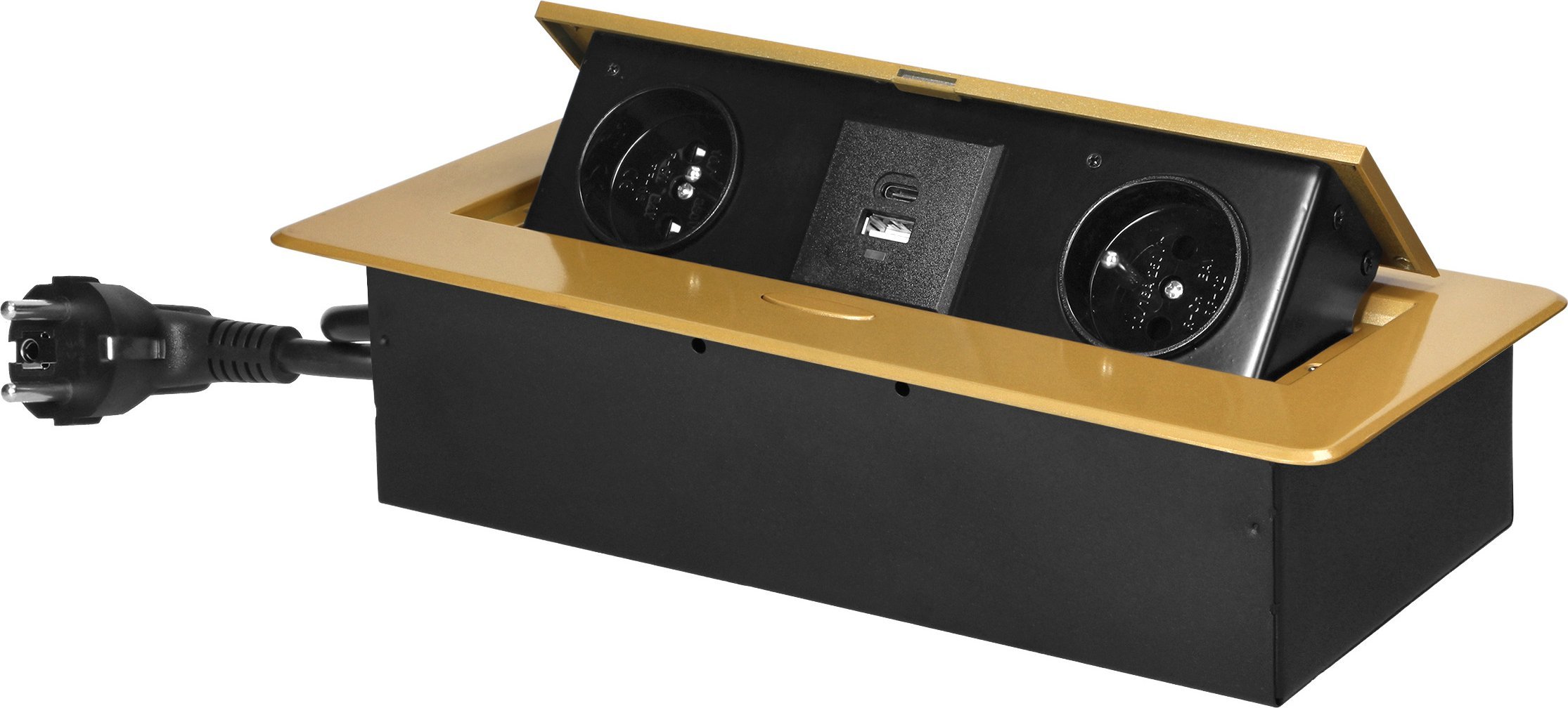 Orno Gniazda meblowe wpuszczane w blat z płaskim frezowanym rantem, ładowarką USB i przewodem 1,5m, 2x2P+Z, 2xUSB (typ A+C; 3,6A), złote