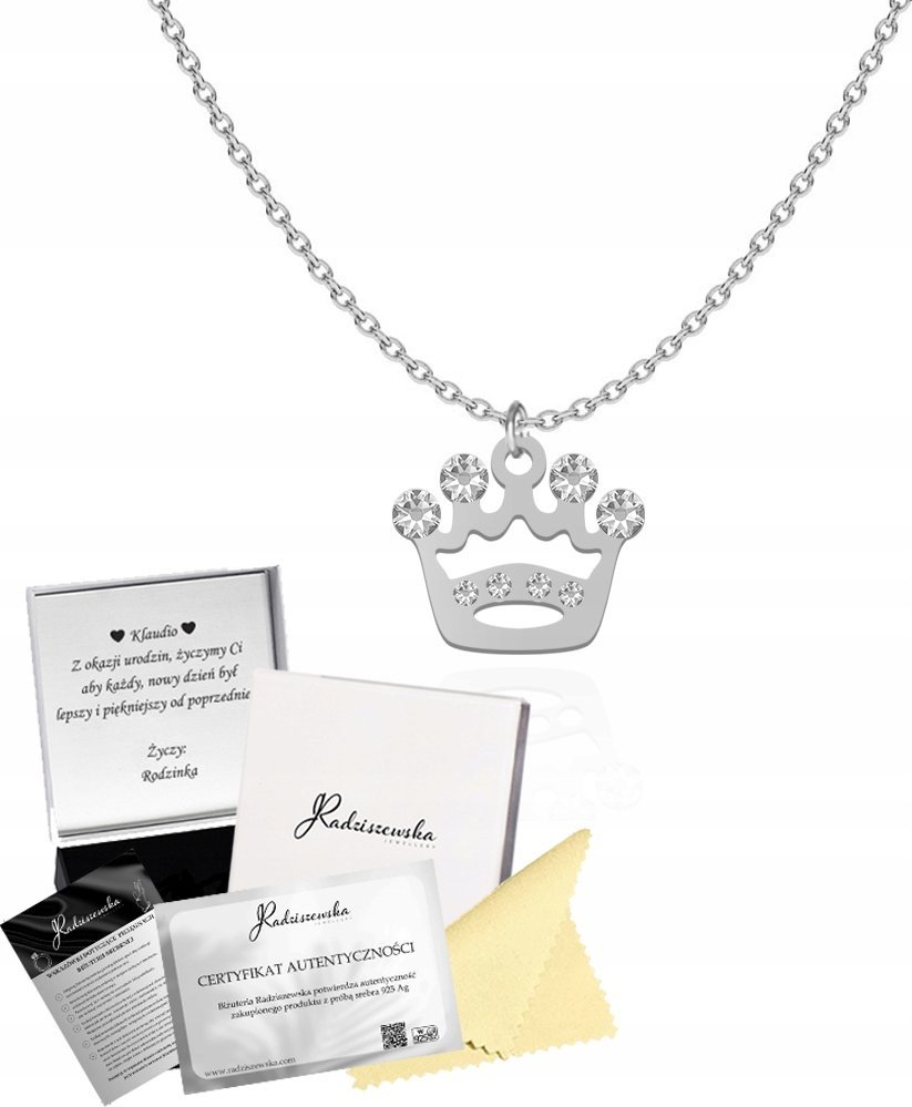 Radziszewska Jewellery Naszyjnik Srebrny Korona 925 Łańcuszek Prezent Cyrkonie DEDYKACJA GRATIS