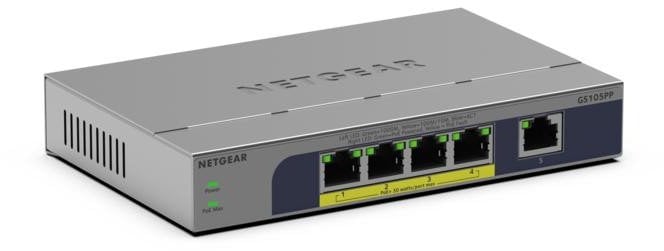NETGEAR GS105PP - Switch - unmanaged - 1 x 10/100/1000 + 4 x 10/100/1000 (PoE+) - Desktop, wandmontierbar - PoE+ (83 W)