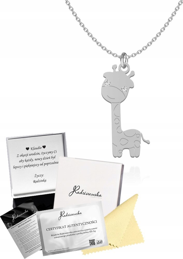 Radziszewska Jewellery Naszyjnik Srebrny z ŻYRAFĄ Łańcuszek SREBRO 925 Prezent DEDYKACJA GRATIS