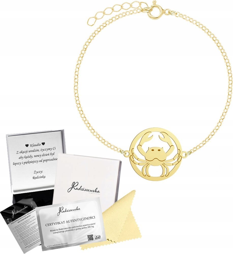 Radziszewska Jewellery Bransoletka Złota Znak Zodiaku RAK Łańcuszek SREBRO 925 Prezent GRAWER