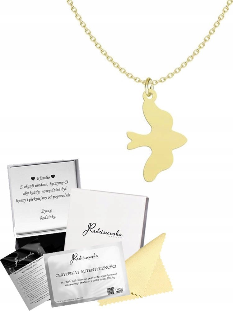 Radziszewska Jewellery Naszyjnik Złoty Gołębica Gołąb Łańcuszek 925 Prezent GRAWER ŻYCZENIA GRATIS