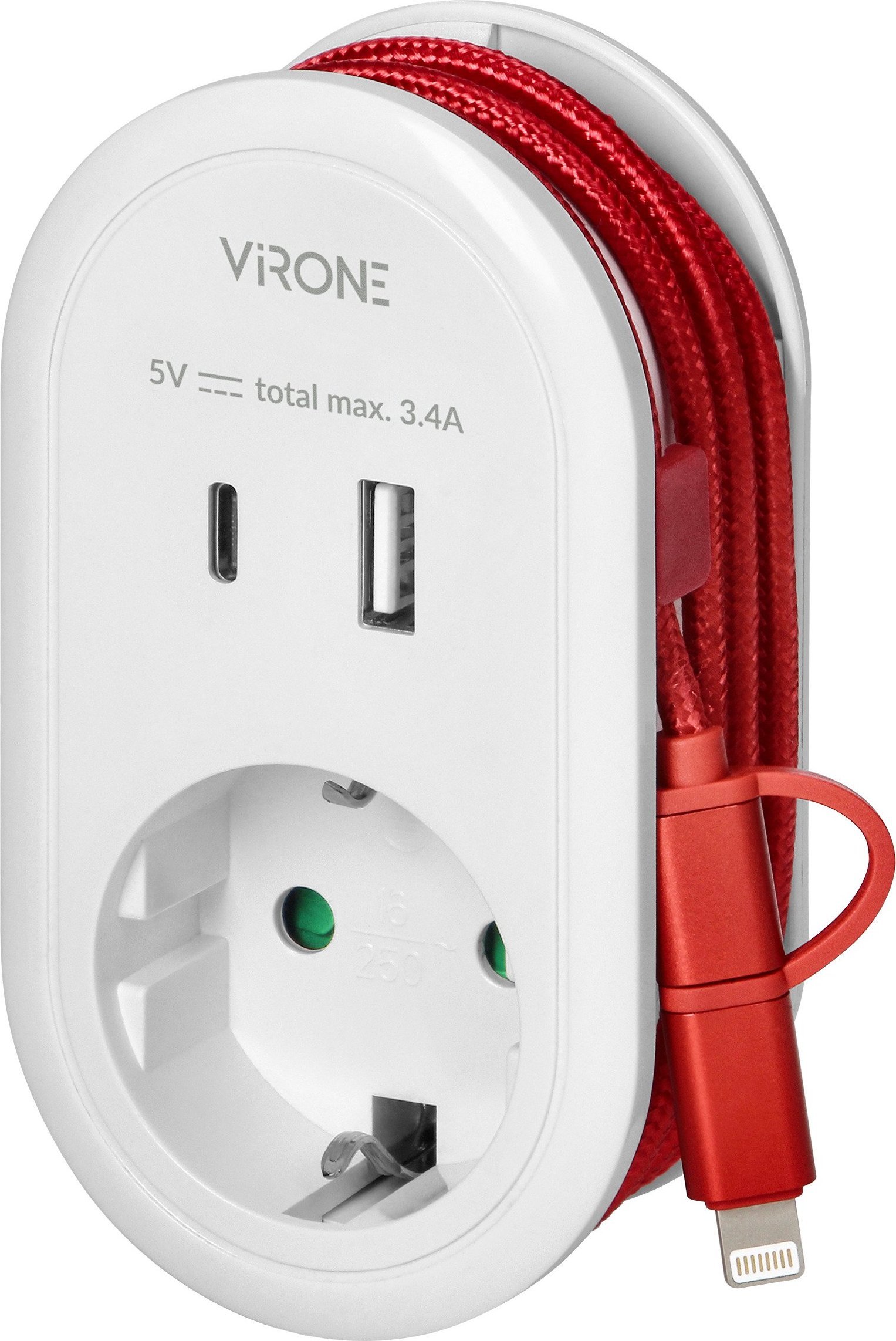 Adapter USB Orno Adapter z ładowarką USB i kablem ładującym (typ C + Lightning), 1x2P+Z Schuko, 2xUSB (Typ A+C), max 3,4A