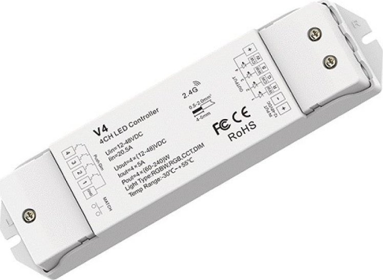 SKYDANCE V4 nuolatinės įtampos RGB/RGBW/CCT valdiklis 12-48V, 4x5A, + Push DIM
