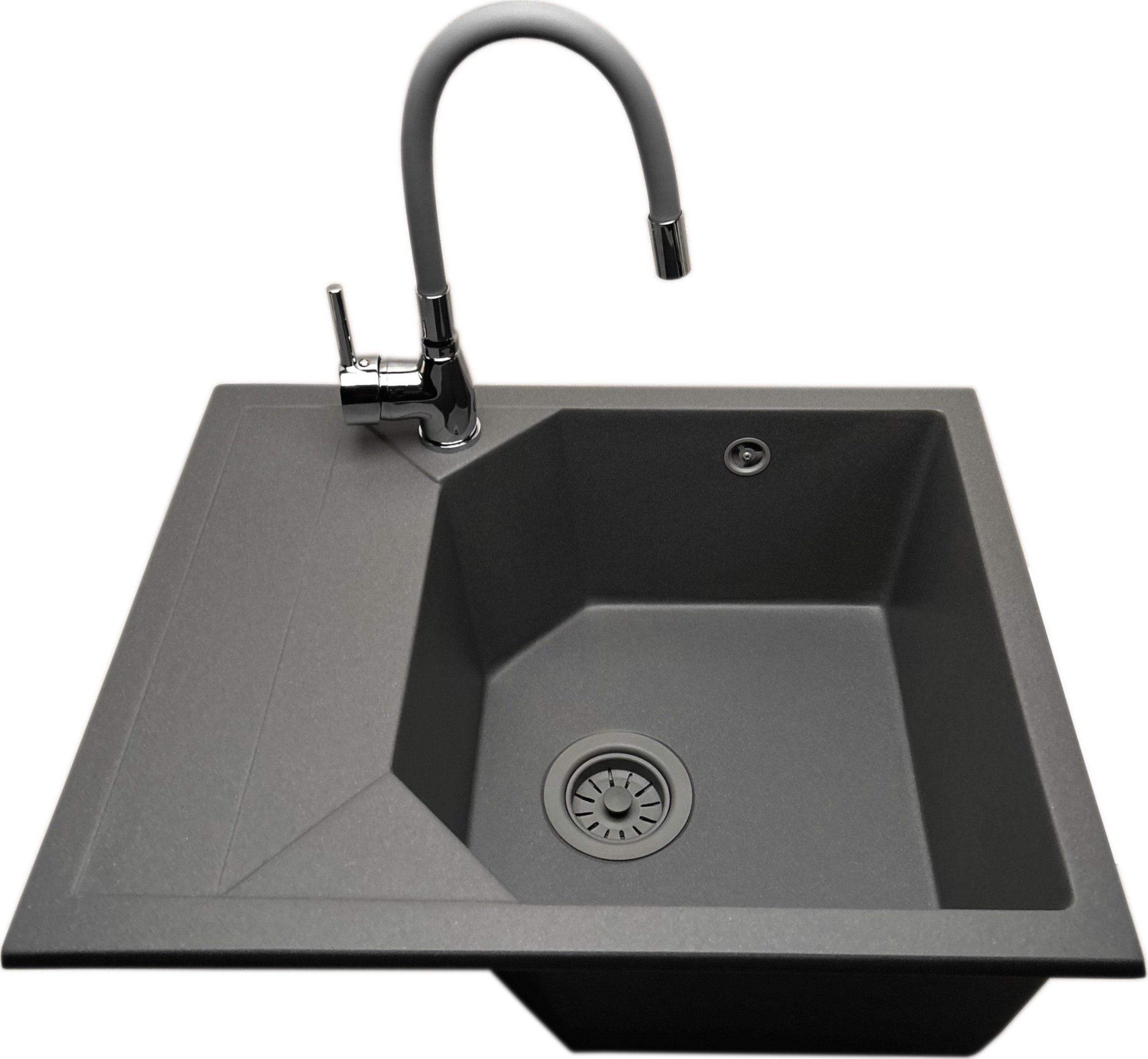 Zlewozmywak PREHNIT Zlewozmywak jednokomorowy z ociekaczem POLLO szary z lewym ociekaczem + bateria flex