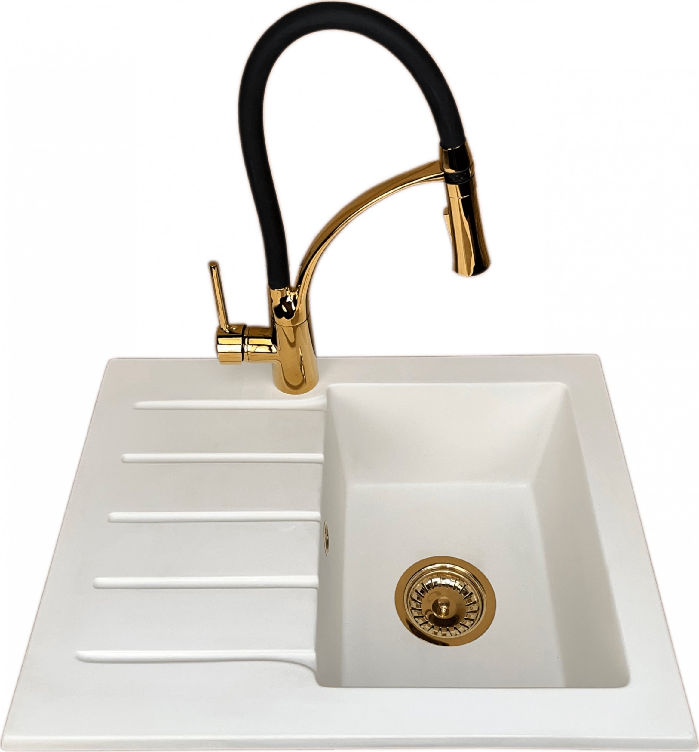 Zlewozmywak PREHNIT Zlewozmywak jednokomorowy z ociekaczem ARAGON biały z lewym ociekaczem + bateria złota NEXO