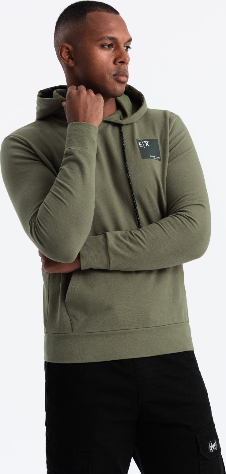 Ombre Bluza męska z kapturem kangurka z logotypem oliwkowa V4 OM-SSNZ-0162 M
