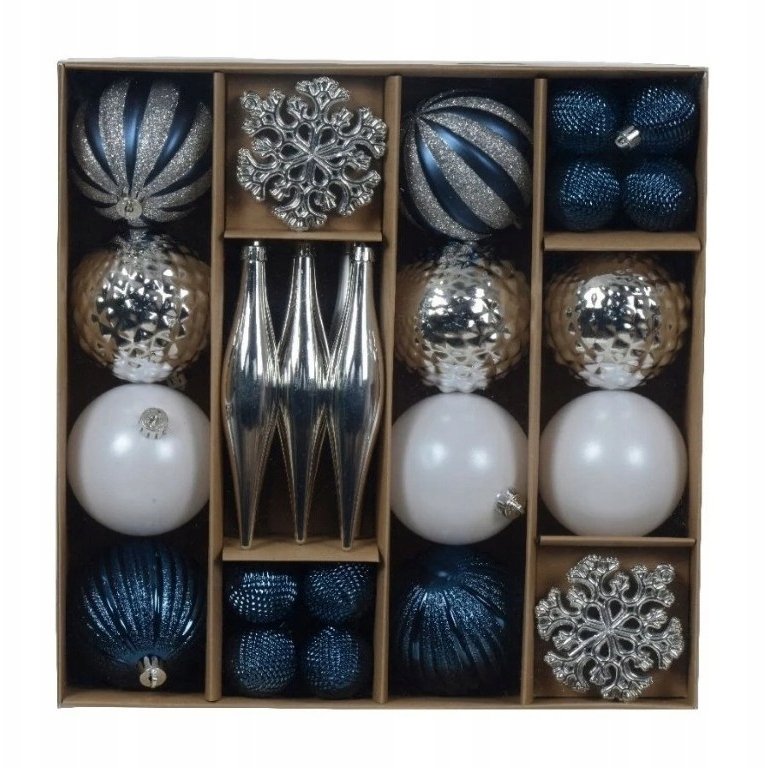 Bombki choinkowe zestaw 46 szt. niebiesko srebrno białe różne wzory
