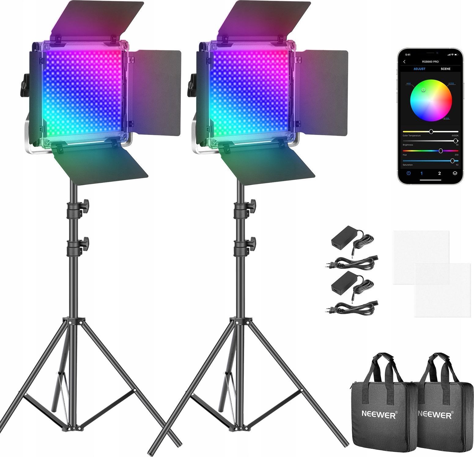 Lampa studyjna Neewer Zestaw Oświetleniowy Studyjny 2x Lampa Wrota Rgb 50w 3200-5600k + 2x Statyw Rgb 660pro