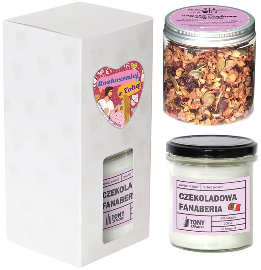 Gotowy zestaw prezentowy Rozkoszniej z Tobą herbata smakowa sypana PREMIUM świeca sojowa prezent upominek na Walentynki dla kobiety żony dziewczyny