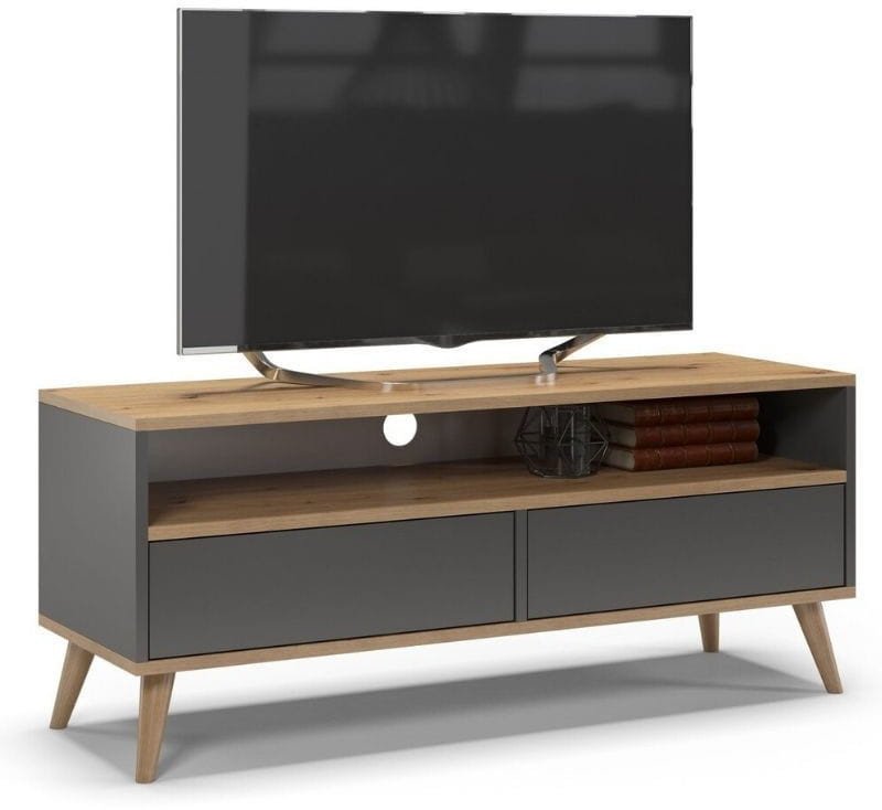 Szafka rtv, stolik pod telewizor, SKAND, 120x40x50 cm, grafit, dąb, mat | TYLETEGOTU