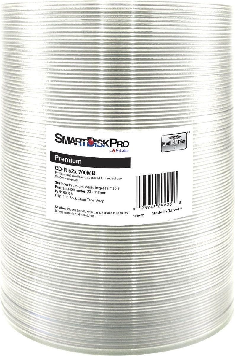 Smartdisk CD-R, 69825, Premium White Injekt Printable, 100-pack, 700MB, 52x, 80min., 12cm, wrap, do archiwizacji danych