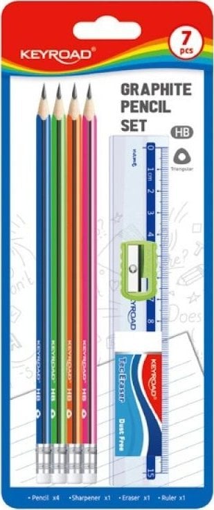 Keyroad Zestaw szkolny KEYROAD Pencil Set HB, 7 elementów, blister, mix kolorów