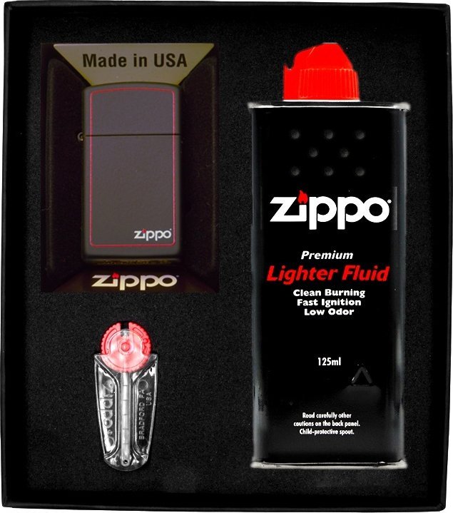 Zestaw ZIPPO Zapalniczka BLACK MATTE RED BORDER LOGO SLIM Prezentowy No1