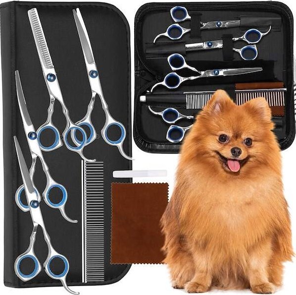 Springos Zestaw do strzyżenia psów nożyczki 4 rodzaje, grzebień, olejek, ściereczka komplet z etui UNIWERSALNY