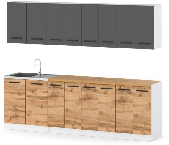 Meble Kuchenne Szare Z Drewnem Kuchnia Vero 2.6m Modułowa Dąb Wotan
