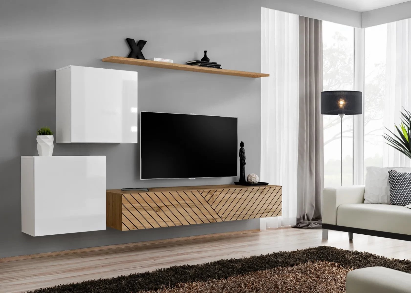 Meblościanka SWITCH LAMEL V biała/dąb wotan ASM Meble