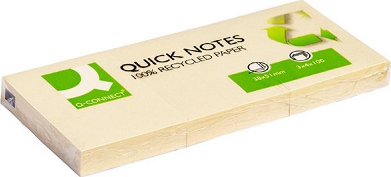 Q-Connect Bloczek samoprzylepny Q-CONNECT 100% Recycled, 38x51mm, 3x100 kart., żółty