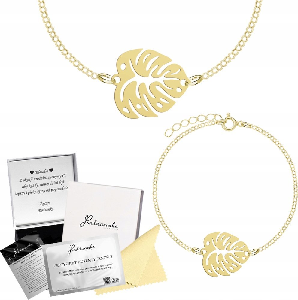 MEJK Jewellery Bransoletka Złota LIŚĆ MONSTERY Ankier Srebro 925 Prezent Kobieta ŻYCZENIA