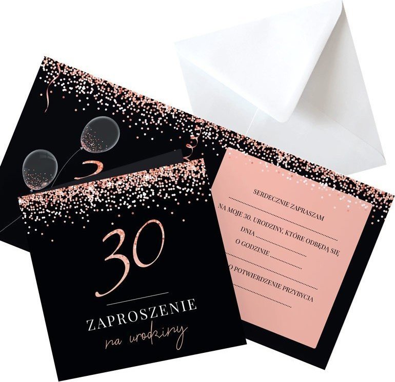ZAPROSZENIA na 30 urodziny Rosegold Black 10szt (+koperty)