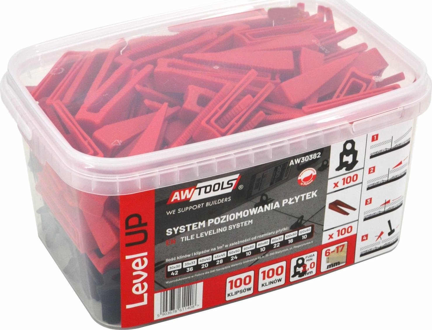AWTools AWTOOLS SYSTEM POZIOMOWANIA PŁYTEK LEVEL UP 2,0mm - 6-17mm - KLIPS 100szt. + KLIN 100szt.
