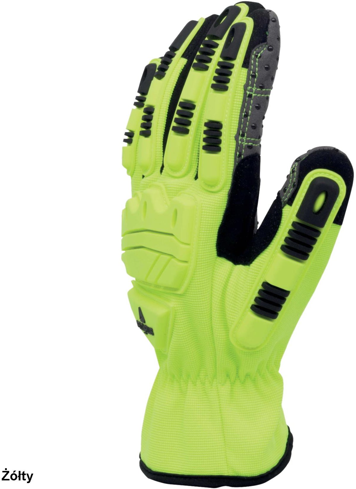 VV906JA - Rękawice udarowe BHP tekstylna dzianina elastyczny mankiet wkład cięty zszywany wypustki PVC wzmocnienia strona chwytna grzbiet palców kciuk