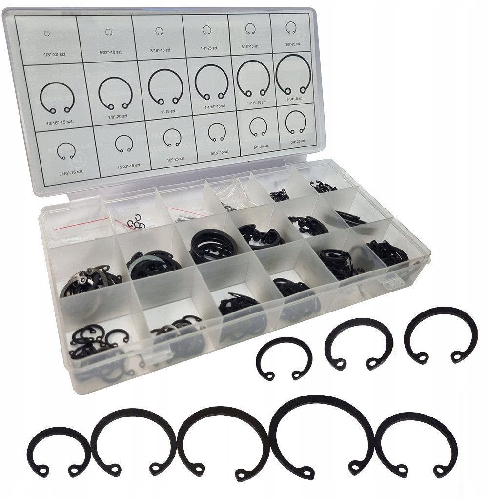 WEWNĘTRZNE PIERŚCIENIE OSADCZE SEGERA E-CLIP ZESTAW W SORTOWNIKU 300 SZTUK