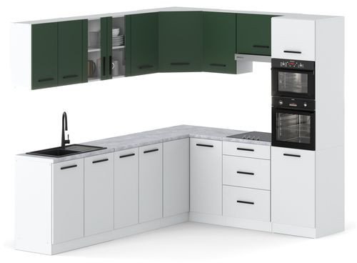 Kuchnia Narożna Modułowa Z Blatem Pojemna 6.8m Biała Szara Butelkowa Zieleń